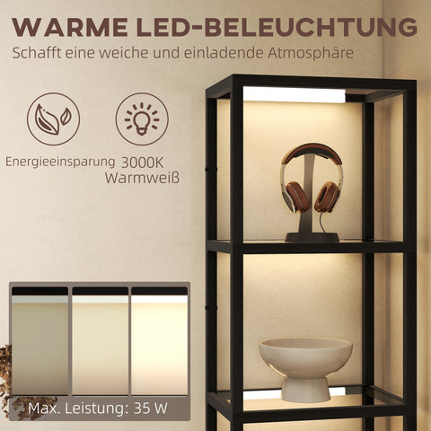 Rootz LED Base Lamp - Floor Lamp - Lighting Shelf - Warm White Light 3000K - 4 Glass Compartments - MDF - Black - 45L x 297H cm