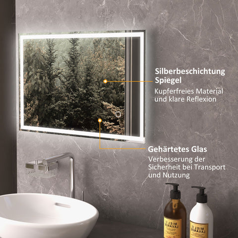 Rootz LED Bathroom Wall Mirror - Illuminated Vanity Mirror - Touch Sensor Makeup Mirror - Anti-Fog Function - 50cm x 70cm x 4cm