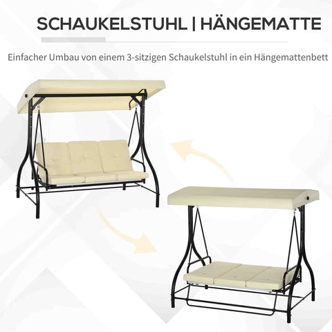 Rootz 3 Seat Swing Bench - Porch Swing - Garden Swing - Sun Protection - Converts Day Bed - 195cm x 117cm x 175cm