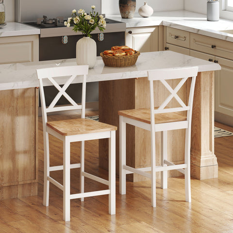 Rootz 2 Piece Set Bar Chairs - Bar Stools - Kitchen Seating - Enhanced Comfort - Rubber Wood - Brown & White - 41.5cm x 46.5cm x 96cm