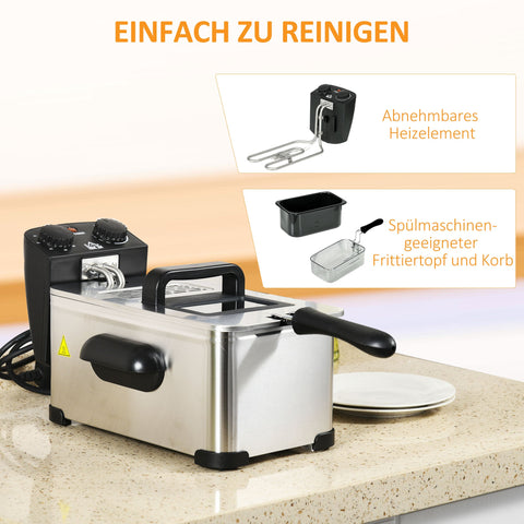 Rootz 3L Deep Fryer - Oil Cooker - Electric Fryer - 2000W Power - Black and Silver- Transparent Lid - 40.5cm x 24cm x 20.8cm