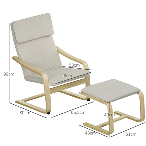 Rootz Armchair Set with Footstool - Upholstered Lounge Chair - Wooden Frame - Lightweight & Compact - Breathable Linen Fabric - Cream+Natural - 66.5cm x 80cm x 99cm