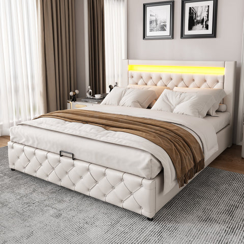 Rootz Upholstered Bed - Platform Bed - Storage Bed - LED Lighting - 207cm x 162cm x 100cm