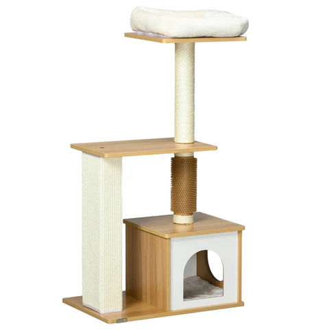 Rootz Scratching Post - Cat Tree - Cat Cave - 1 Cat Cave - 1 Lying Surface - Brown + White - 59.5 cm x 39.5 cm x 114 cm