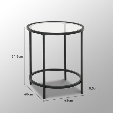 Rootz Round Side Table - Small Coffee Table - Glass Top - Sturdy Frame - Floor Protection - 48cm x 48cm x 54.7cm