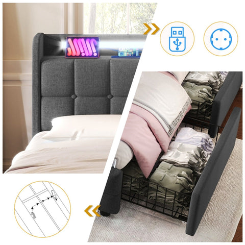 Rootz Modern Double Bed - LED Light Bed - USB Charging Bed - Functional Design - 144.5cm x 220cm x 103.5cm