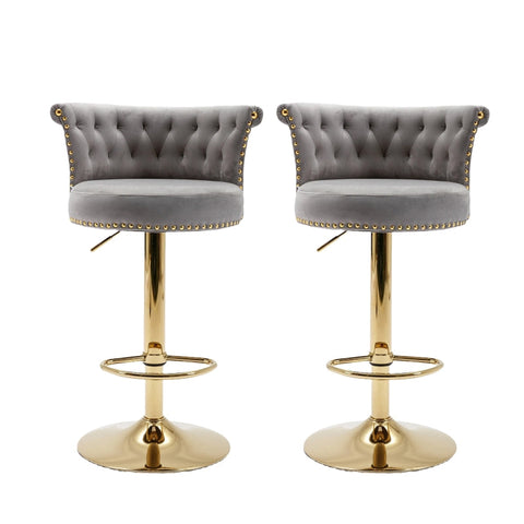 Rootz 2 Swivel Bar Stools Set - High-Back Chairs - Height Adjustable - Ergonomic Design - 54cm x 53cm x 82-101cm - Velvet & Gold Finish