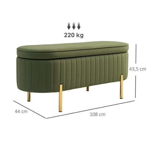 Rootz Bench with Storage - Upholstered Seat - Velvet Bench - Comfortable & Elegant - 108cm x 44cm x 43.5cm - Green & Gold
