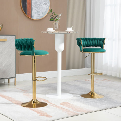 Rootz Adjustable Velvet Bar Stools - Swivel Stools - Ergonomic Seating - Gold Base - 54cm x 48cm x 78cm - Promotes Posture & Comfort