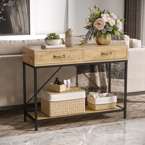 Rootz Console Table - Entrance Table - Side Table - 2 Drawers - Lower Shelf - Vintage - Metal - Chipboard - Brown + Black - 100 x 35 x 76.5 cm