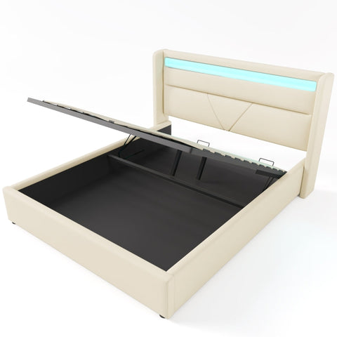 Rootz Functional Double Bed - LED Lighting Bed - Storage Bed - Hydraulic Storage - 202cm x 146cm x 107.5cm
