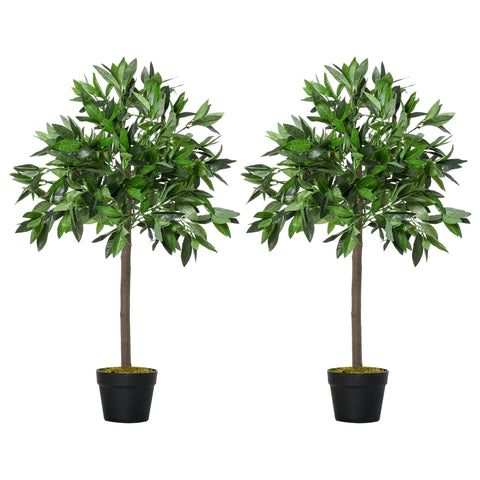 Rootz Set of 2 Artificial Laurel Tree - Faux Plants - Plastic Foliage - No Maintenance Required - 90cm x Ø16cm - Cement Pot
