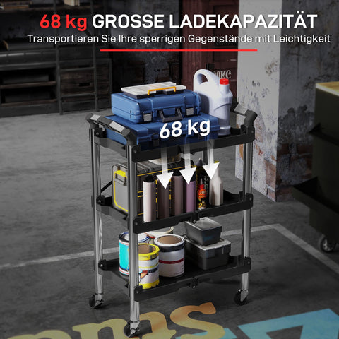 Rootz Tool Trolley - Foldable Tool Cart - Rolling Tool Cart - Durable Storage Solution - 64cm x 37cm x 84cm