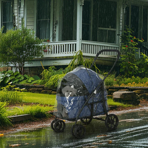 Rootz Dog Buggy - Pet Stroller - Foldable - Rain Cover - Pet Cart - 2 Safety Lines - Oxford Cloth - Steel - Dark Blue - 81x 68 X 98.5 Cm