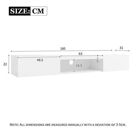 Rootz High-Gloss Wall Cabinet - TV Console - Entertainment Unit - LED Lighting & Bluetooth - 160 x 31 x 22cm