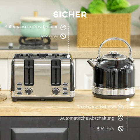 Rootz Kettle and Toaster Set - Breakfast Combo - Kitchen Essentials - 7 Browning Levels - 1.7L Capacity - Black/Silver - 27cm x 18.8cm