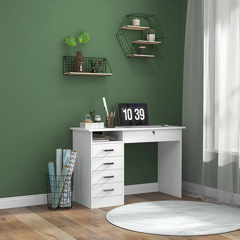 Rootz Modern Desk with 5 Drawers - Workspace Table - White Office Desk - Lockable Storage - 110 x 50 x 76cm