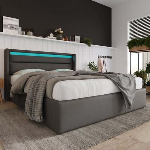 Rootz Double Bed with Hydraulic Storage - Bed Frame - Platform Bed - LED Lighting - Elegant & Practical - 202x146x107.5 cm