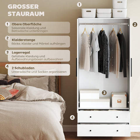 Rootz 2 Door Wardrobe - Closet - Clothes Organizer - Spacious Storage - 79cm x 180cm, White Chipboard