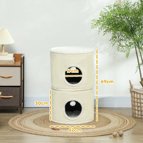 Rootz 3 Tier Cat Scratching Barrel - Cat Tower - Indoor Cat House - Sisal Cover Protects Furniture - Ø42 x 69H cm - Grey