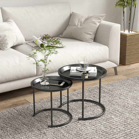 Rootz Set of 2 Metal Side Tables - Nesting End Tables - Stackable Coffee Tables - Space-Saving Design - Ø 43x38 cm & Ø 35x34 cm - Black Steel