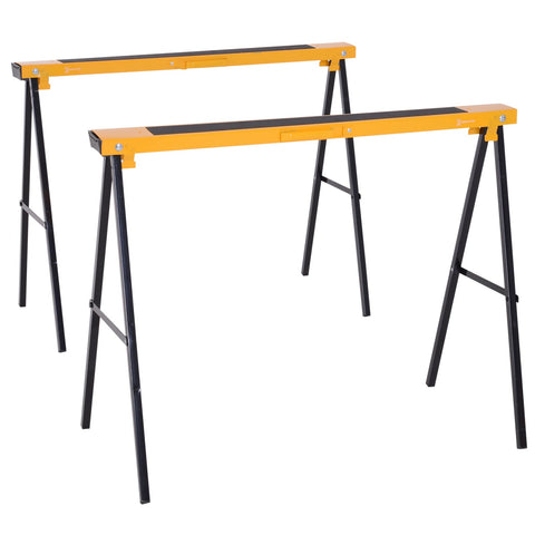 Rootz Set of 2 Folding Sawhorses - Compact Design & Carry Handle - Sturdy Metal - 100cm x 50cm x 76cm - Non-Slip Surface - Black & Yellow