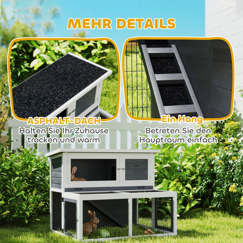 Rootz 2 Level Rabbit Stable - Hutch - Bunny House - Winter-Proof, Easy Clean - 122cm x 95cm x 93.5cm