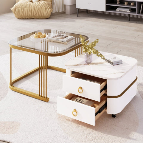 Rootz 2 Piece Coffee Table Set - Stackable Tables - Modular Furniture - High Gloss Marble Look, Glass Top - 60x60x42cm & 50x50x34cm