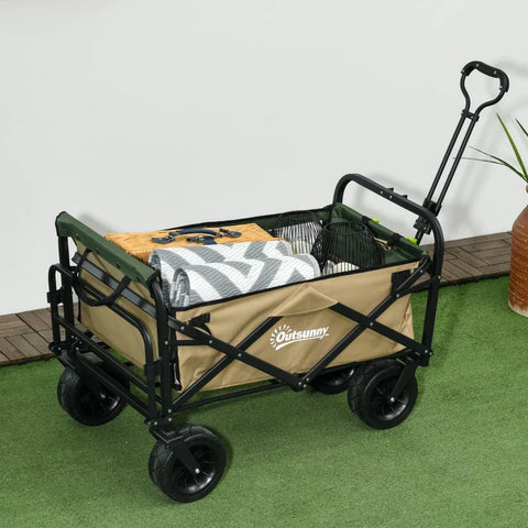 Rootz Handcart - Foldable - 110L up to 100kg - Telescopic Handle - Steel Frame - 600D Oxford polyester - Plastic - Khaki - 94 x 57 x 77-100cm