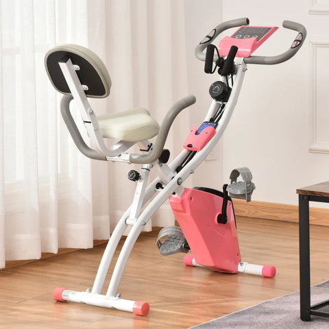 Rootz 2-in-1 Foldable Exercise Bike - Recumbent Stationary Bike - 8-Level Adjustable - Magnetic Resistance with Pulse Sensor - LCD Display - Pink + White - 97 x 51 x 115 cm
