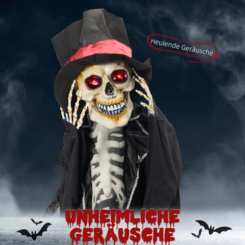 Rootz Halloween-decoratie Spookskelet - Spookachtig skelet - LED-ogen - Verstelbare armen - Bewegingsgeactiveerd draaien - Huilende geluidseffecten - 60 cm x 16 cm x 100 cm