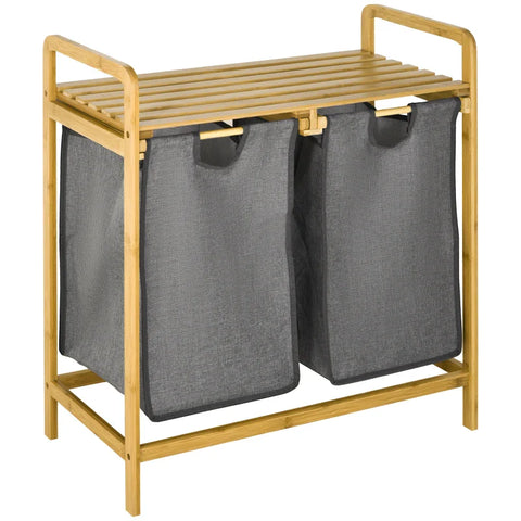 Rootz Bamboo Laundry Basket - Laundry Hamper with Shelf - Pull-out Bags for Bedroom - Bathroom - Laundry Room - Grey - 64 x 33 x 73 cm