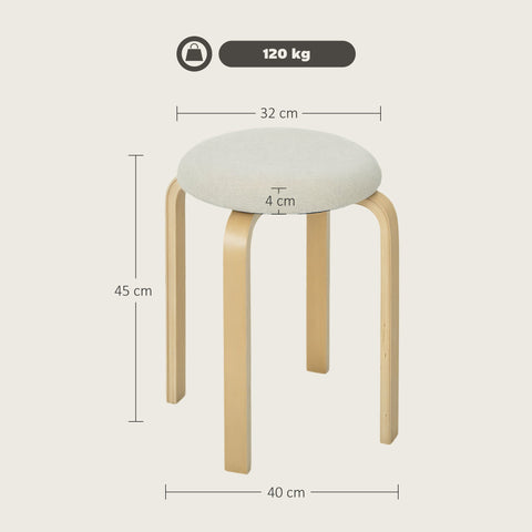 Rootz 4-Set Upholstered Stool - Stackable Stools - Space-Saving Seating - Birch Legs - White - Ø40 x 45H cm