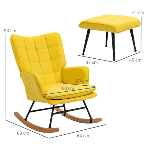 Rootz Rocking Chair With Ottoman - Scandi Design -brocking Chair With Footstool - Beech Wood - Quilting - Imitation Linen - Yellow - 64 cm x 89 cm x 90 cm