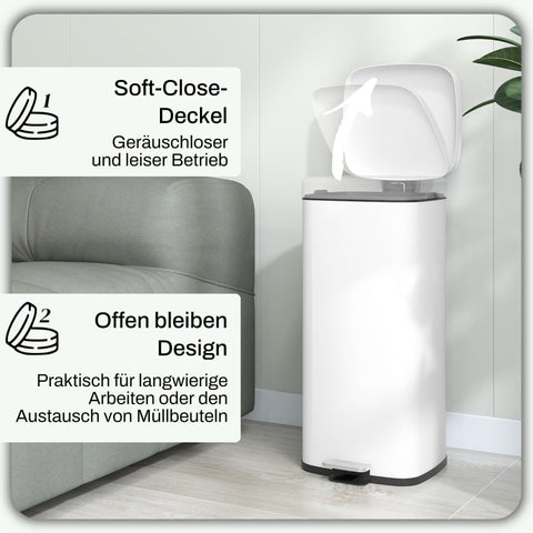 Rootz 30L Trash Can - Kitchen Bin - Garbage Container - Soft-Close Lid - Hold-Open Function - Fingerprint-Proof - 28cm x 35cm x 63.5cm