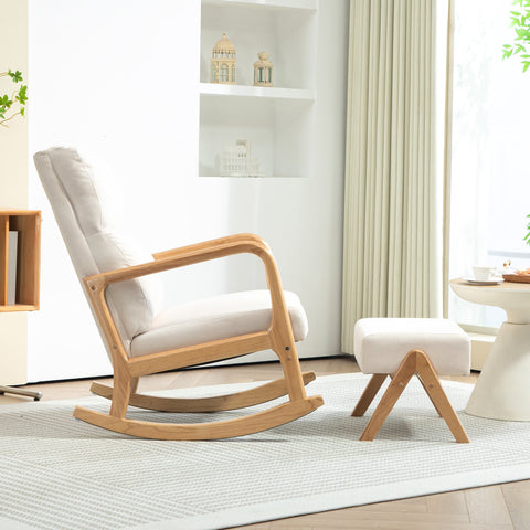 Rootz Rocking Chair with Stool - Softly Padded - Linen-Look - Ultimate Comfort - 65W x 96D x 94.5H cm - Cream White