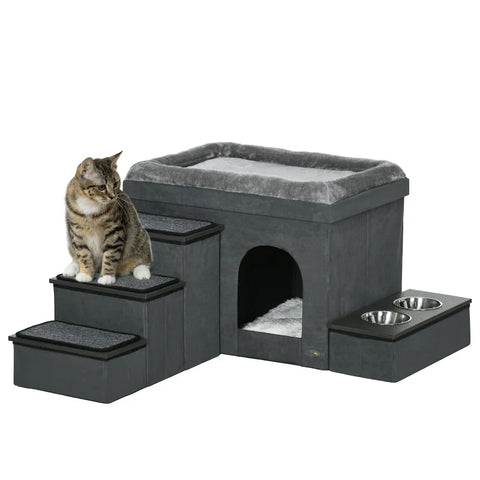 Rootz Cat House - Cat Cave - Cat Bed - 3 Pet Stairs - 2 Food Bowls - Chipboard - Polyester - Gray - 70 x 50 x 51 cm