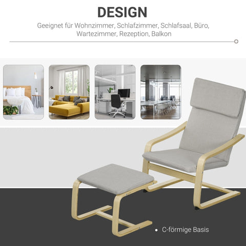 Rootz Armchair Set - Reclining Chair with Footstool - Linen Look - Wooden Frame - Lightweight & Compact - Breathable Cover - Light Grey - 66.5cm x 80cm x 99cm