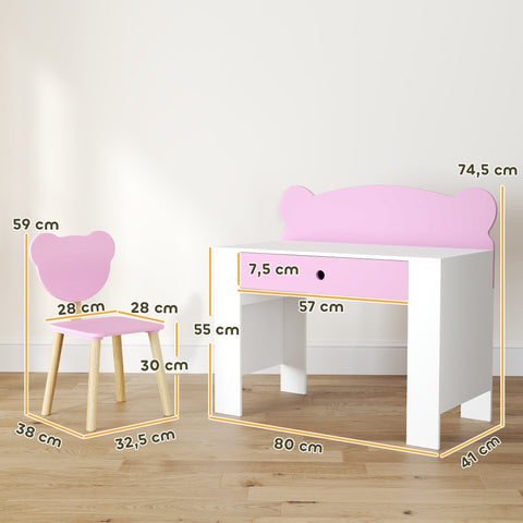 Rootz Children's Desk Set - Work Table - Chair - Educational Fun - Bear Shape - Pink - 80cm x 41cm x 74.5cm