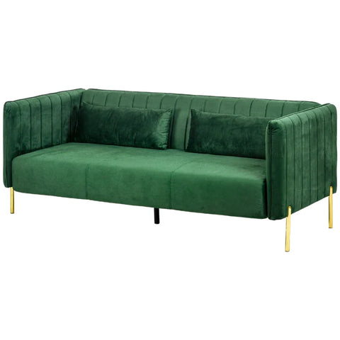 Rootz Sofa - 3 Seater Sofa - Couch with 2 Cushions - Velvet Look - Retro Design - Removable Cover - Imitation Velvet - Green - 195cm x 88cm x 76cm