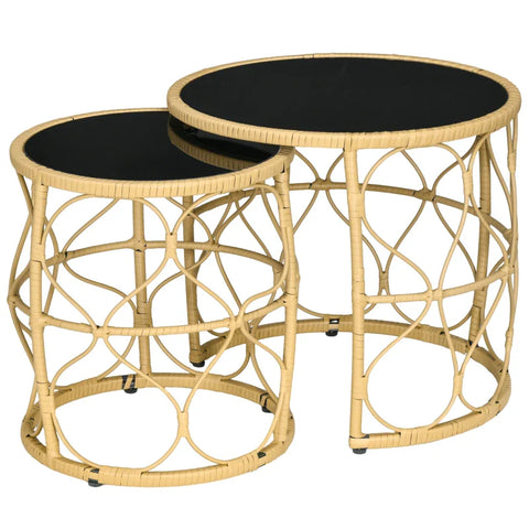 Rootz Garden Tables Set - 2 Garden Tables - Outdoor Side Tables - Boho Style - Large Side Table - PE Rattan-Tempered glass - Black - Natural - 55 Cm X 55 Cm X 51 Cm