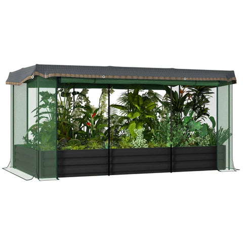 Rootz Raised Bed - With Bird Protection Net - Sun Protection - Metal Housing - Galvanized Steel - Dark Gray + Black + Green - 230x110x110 cm