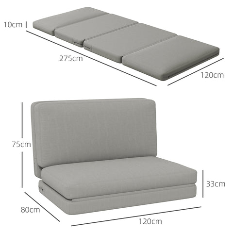 Rootz 2-in-1 Folding Recliner - Guest Mattress - Space-Saving Sofa - Thick Padding - 120x80x75cm & 120x275x10cm, Light Grey Velvet