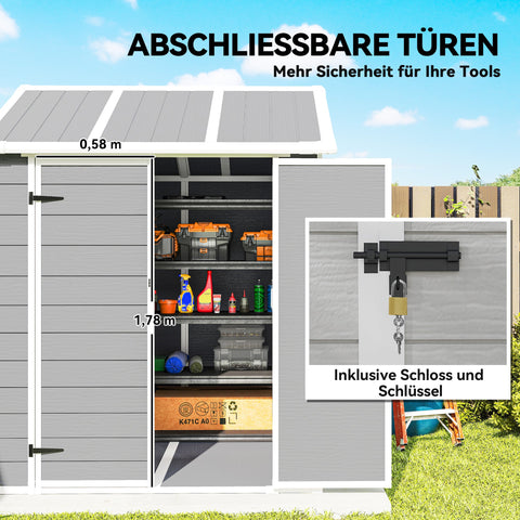 Rootz Garden Shed - Storage House - Outdoor Utility Shelter - Lockable & Waterproof, UV Resistant, Grey, and White 181x181x220cm, With Window & Floor