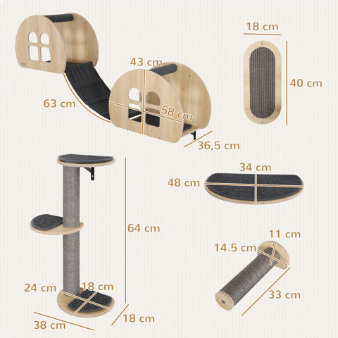 Rootz 7-Part Cat Climbing Wall Set - Cat Wall Stairs - Cat Scratch Tree - Space-Saving Design - 171cm x 36.5cm x 43cm - Grey and Brown