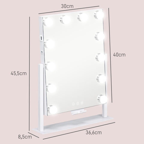 Rootz LED Makeup Mirror - Hollywood Vanity Mirror - Dressing Table Mirror - 12 LED Lamps - Adjustable Brightness - Cell Phone Holder - USB Port - 36.5cm x 45.5cm x 8.5cm