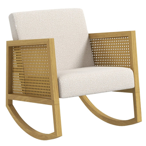 Rootz Boho Rocking Chair - Recliner - Glider - Soft Padding - Natural Rattan Decor - 60cm x 76cm x 74cm - Rubber Wood Frame - Cream