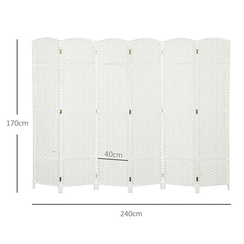 Rootz 6-Part Room Separator - Foldable Privacy Screen - Pine Wood Divider - Durable & Stylish - 240cm x 1.6cm x 170cm White