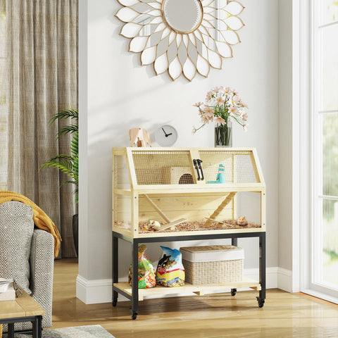 Rootz Wooden Dwarf Hamster Cage - Small Animal House - Two-Story Pet Enclosure - Storage & Mobility - 87 x 43 x 101cm