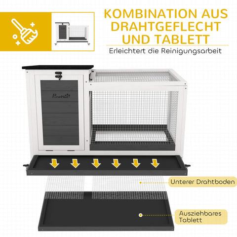 Rootz Wooden Rabbit Stable - Bunny Enclosure - Rabbit Hutch - Easy Cleaning - 92 x 52 x 67 cm Grey and White